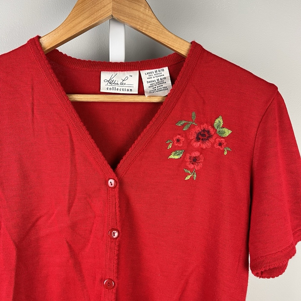 Kathie Lee Cardigan Sweater Womens Medium Red Embroidered Flower Vintage‎